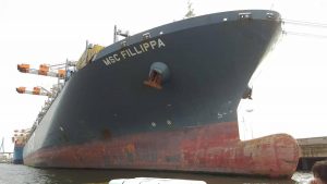 Die Hochseeschiff MSC Fillippa im Hafen Hamburg mit wenig Ladung.
